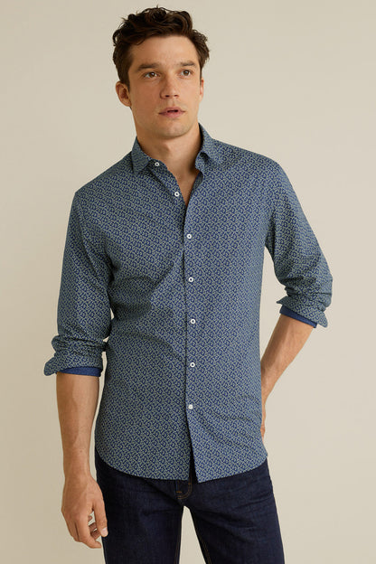 Men's dark navy patterned button-up shirt with long sleeves and button front
