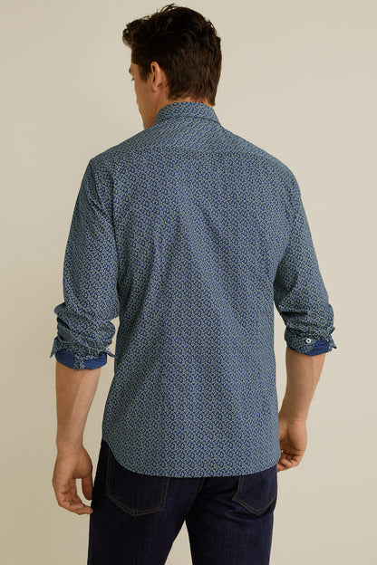Men's dark navy patterned button-up shirt, back view, long sleeves