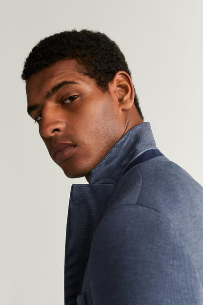 MANGO blue blazer near collar with dark knit turtleneck underneath