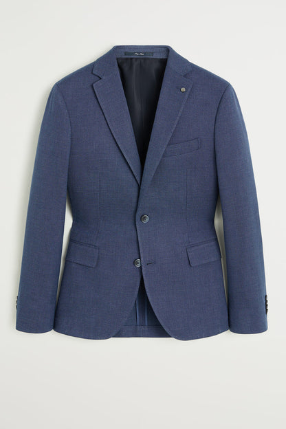 Blue textured suit blazer, notch lapels, two-button front, chest and side pockets