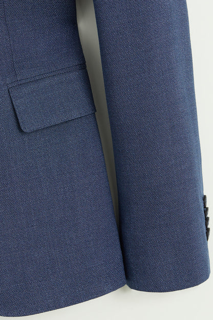 Blue textured blazer side pocket and sleeve close-up