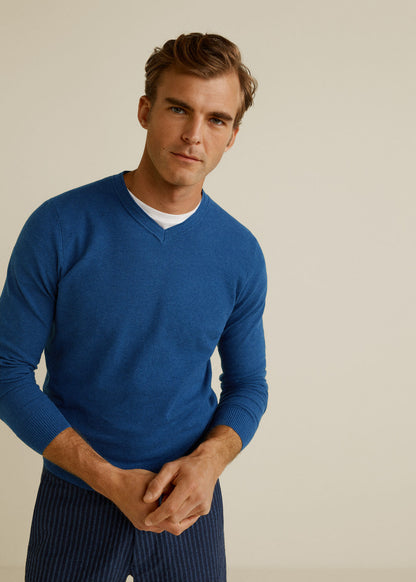 Men's indigo blue V-neck knit sweater with long sleeves