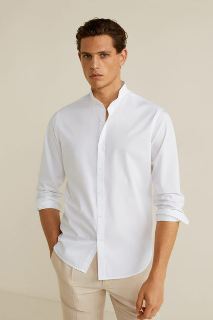 MANGO men's white button-up shirt, stand collar, long sleeves