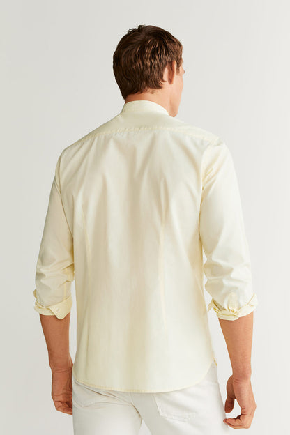 Men's yellow button-up shirt back view with 3/4 sleeves and curved hem