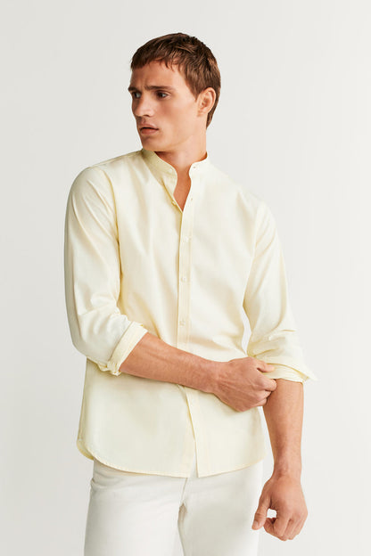 MANGO men's yellow button-up shirt with hidden placket and stand collar