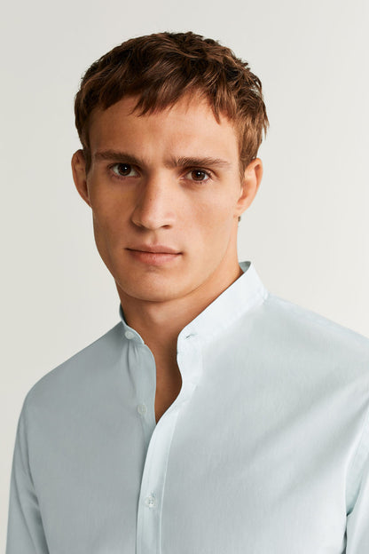 MANGO men's light blue button-down shirt with open collar and button placket