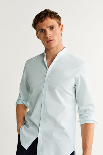 MANGO men's light blue button-down shirt with long sleeves and button front
