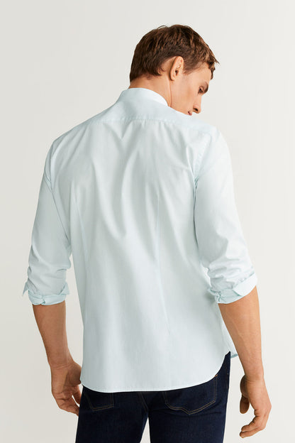 MANGO men's light blue button-down shirt, back view, long sleeves and collar