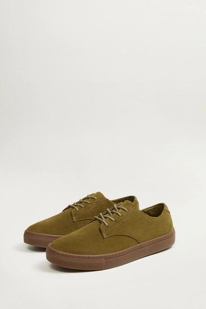 Khaki suede lace-up sneakers, side angle, with brown rubber sole