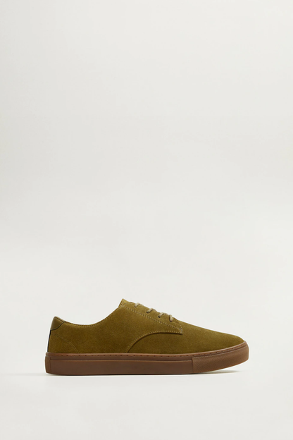 Khaki suede lace-up sneakers with gum sole and low profile