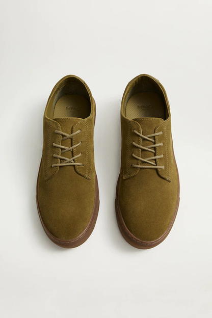 Khaki suede lace-up sneakers, front view, brown laces and gum sole