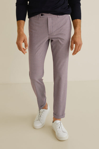 Men's slim red and blue check trousers with belt loops and zip fly