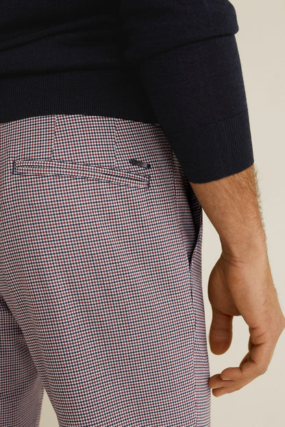 Men's red and blue check trousers with side pocket and slim tapered leg