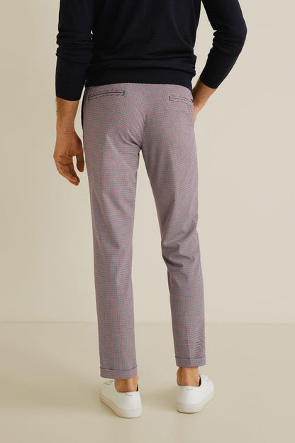 Men's red and blue check trousers, slim fit, tapered leg