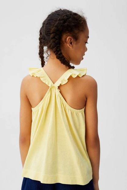 Yellow halter-back sleeveless top with ruffle collar