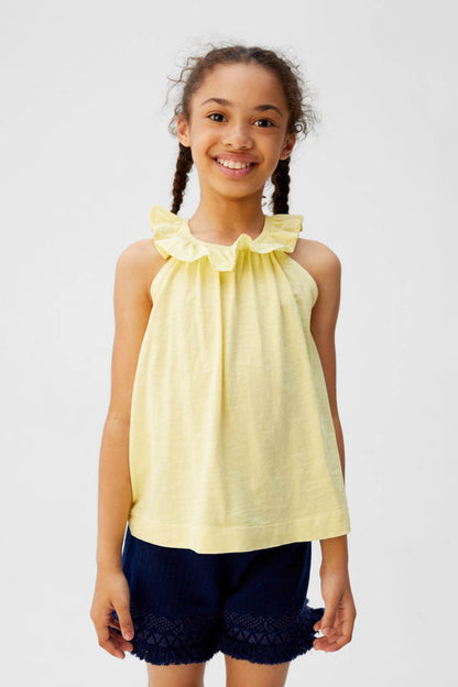 Yellow sleeveless ruffle-neck top