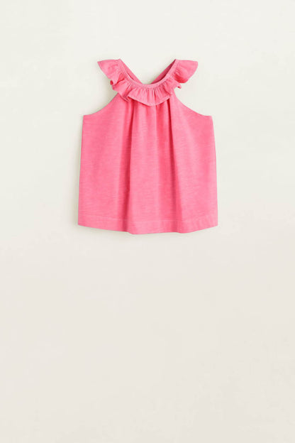 Pink sleeveless top with ruffled neckline and gathered waist