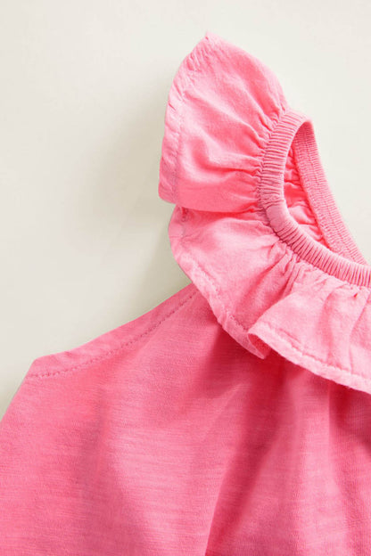 Pink ruffled sleeveless top neckline detail with elastic and gathers