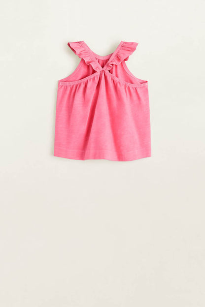 Pink sleeveless top with ruffle shoulders and central bow seam