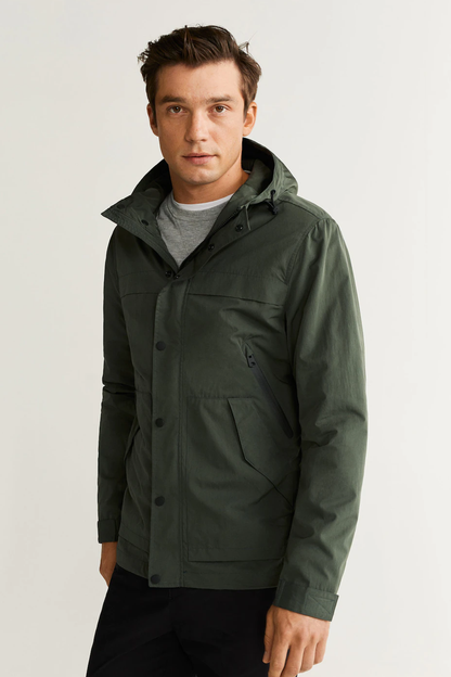 Men's dark khaki hooded button jacket with chest pocket and side pockets