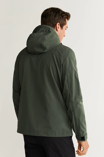 Men's dark khaki hooded jacket, rear view, with button placket and cuffs