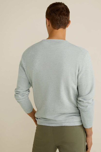 Men's light heather grey crewneck sweatshirt, back view