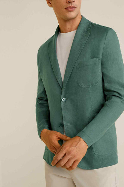 Men's green blazer with notched lapels and chest pocket, single-button front