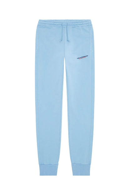Light blue jogger pants flat lay, drawstring waist and tapered cuffed legs