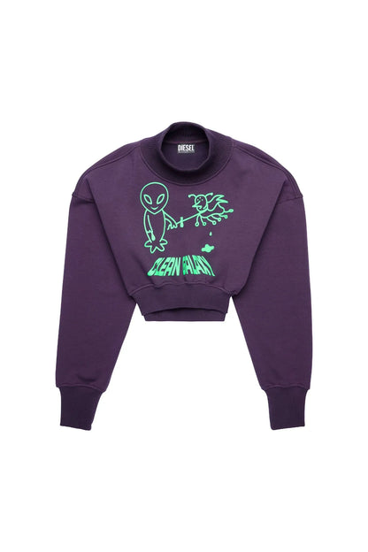 Diesel purple cropped sweatshirt with green graphic, ribbed cuffs and crewneck collar