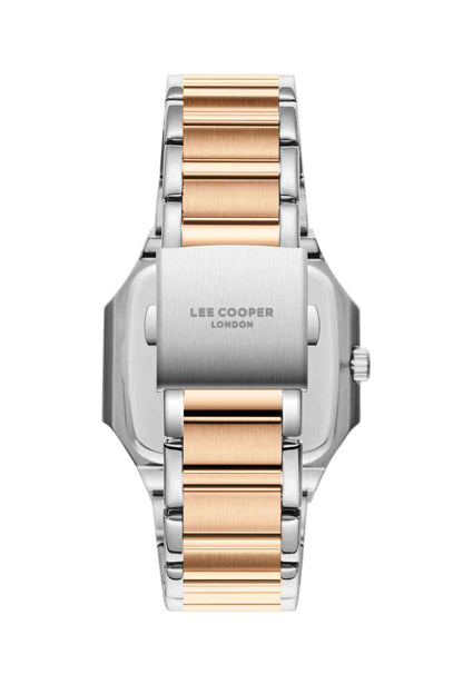 Analog watch front view with silver case, rose gold band and date window