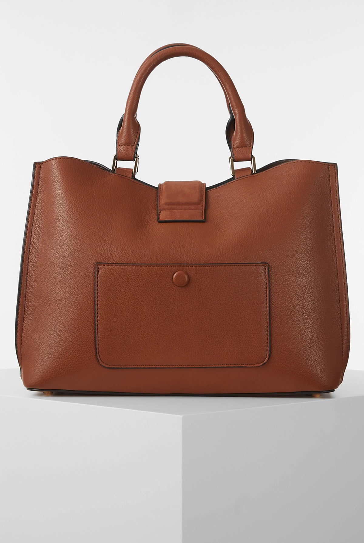 Brown leather tote bag with front pocket and square top handle detail