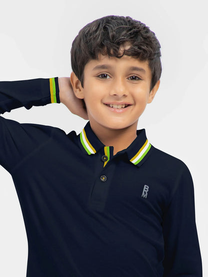 Brumano cotton polo shirt, dark navy with striped collar and button placket