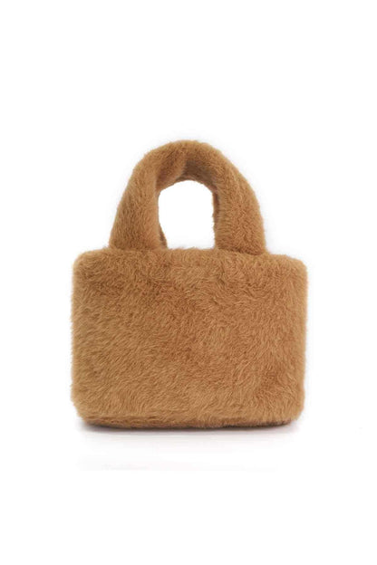 Dune London camel fuzzy mini handbag with top handle, front view