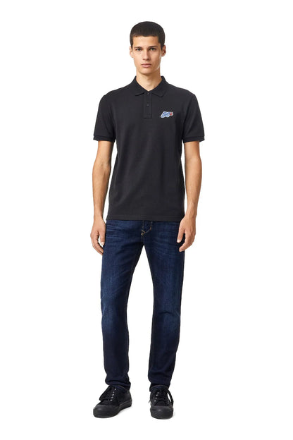 Diesel black polo shirt with blue-and-red chest logo and collar
