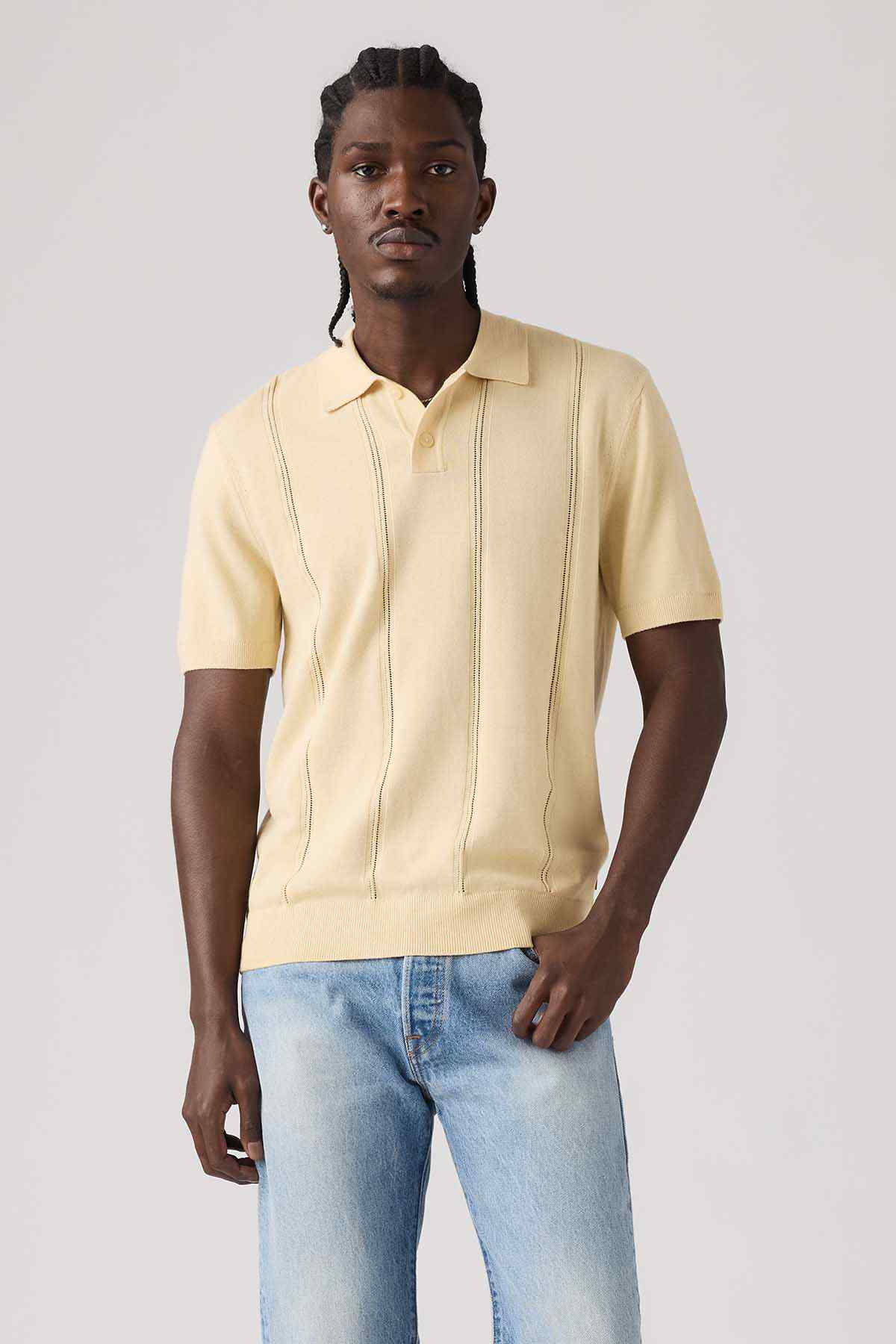 Levi's short-sleeve polo sweater, pale yellow, button placket, ribbed hem
