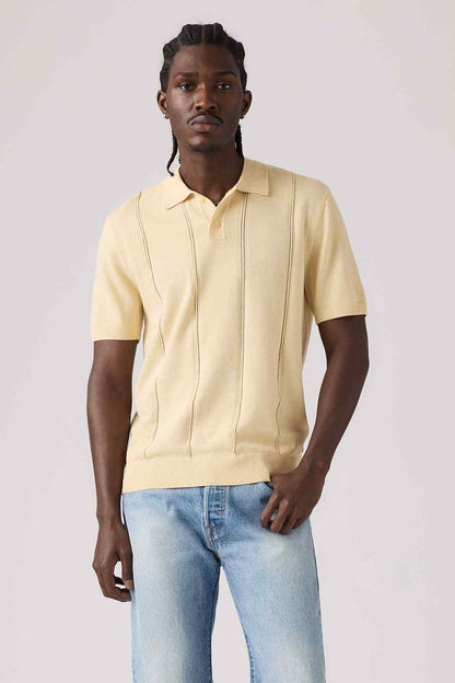 Levi's short-sleeve polo sweater, pale yellow, button placket, ribbed hem