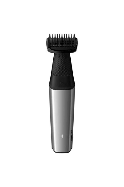 Cordless electric shaver with black and silver body and open blade head
