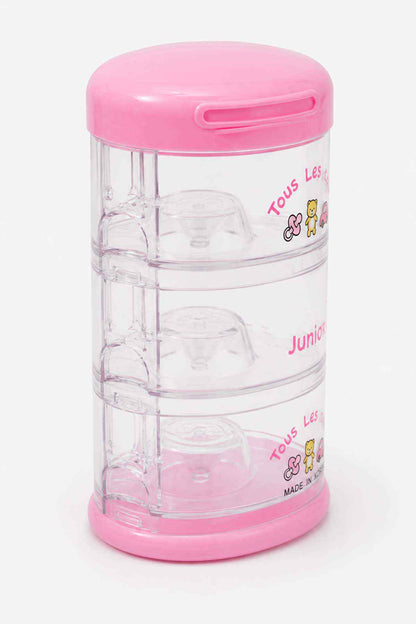 Clear plastic snack container with pink top and multiple compartments
