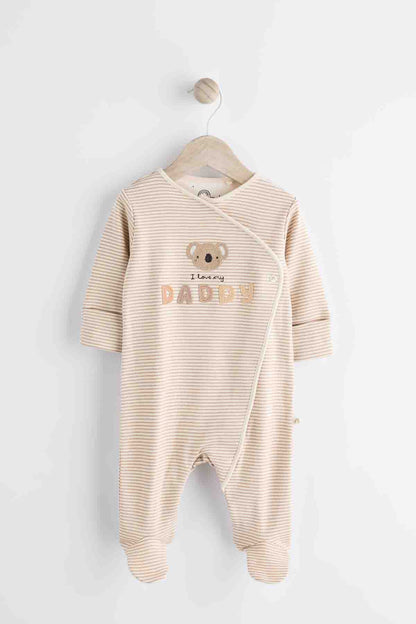Baby striped footed romper with bear 'Daddy' graphic on chest and snap legs