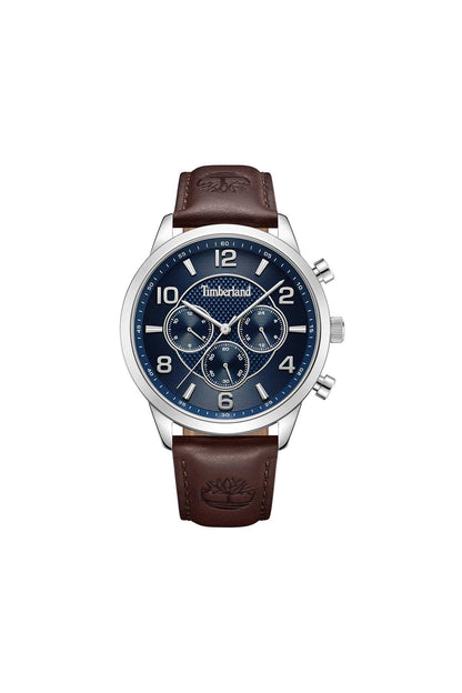 Men’s wristwatch with blue dial, brown leather strap, and silver case