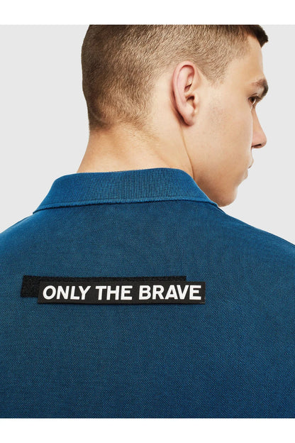 Diesel blue polo shirt back with "ONLY THE BRAVE" print