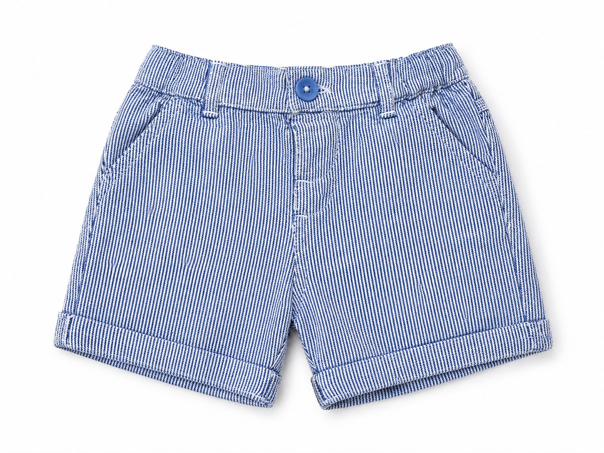 Blue pinstripe denim shorts with elastic waistband, button front, front slash pockets