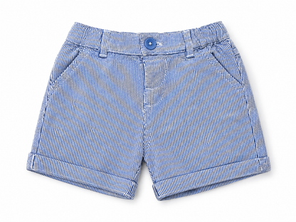 Blue pinstripe denim shorts with elastic waistband, button front, front slash pockets