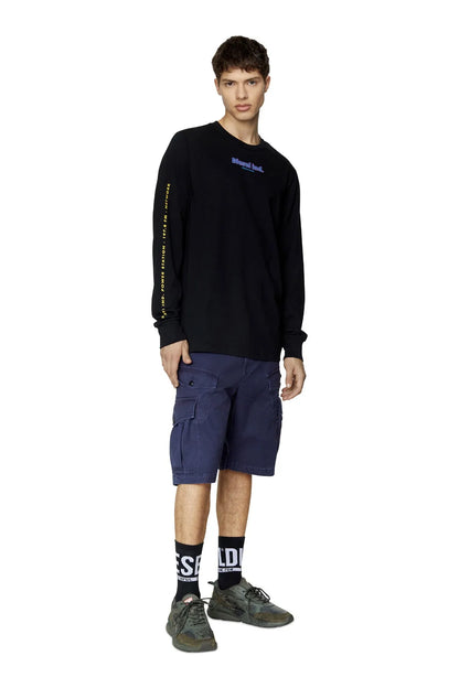 Black long-sleeve crew-neck T-shirt with sleeve graphic detail