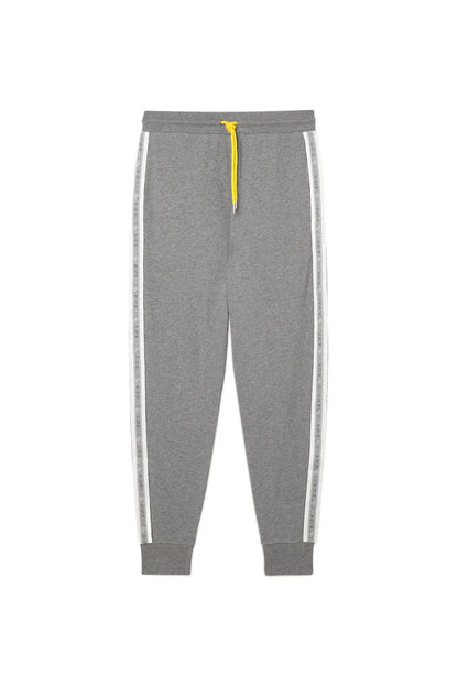 Diesel gray jogger pants, yellow drawstring, white logo side stripe