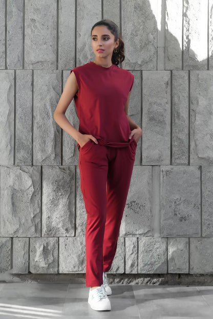 Dhaga sleeveless top and dark red pants set, full-length view, tied waist belt
