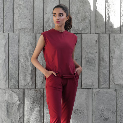 Dhaga sleeveless top and pants set in dark red, tied waist belt, sleeveless design