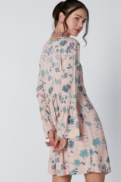 Pink floral long-sleeve mini dress with back seams and flared skirt