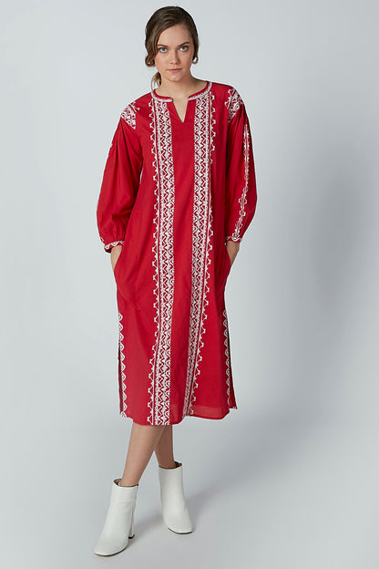 Red embroidered kaftan-style dress with half-length balloon sleeves and white vertical panels