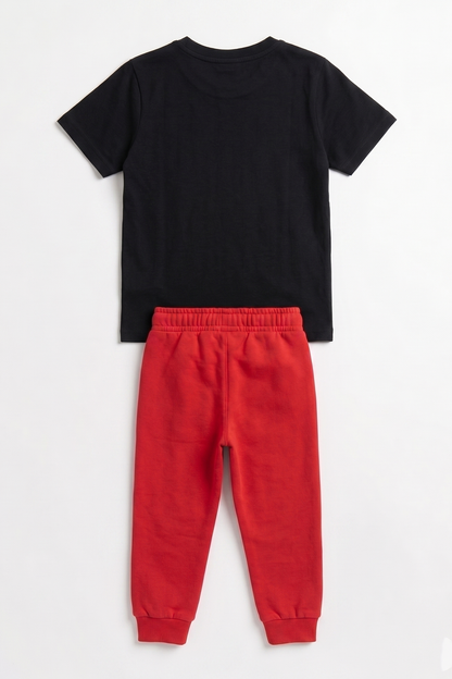 Black T-shirt and red jogger pants set with elastic waist and ribbed cuffs